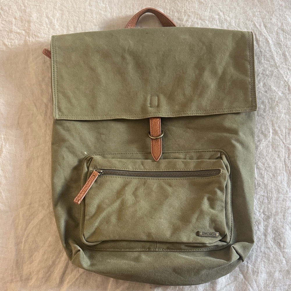 Billabong Khaki Canvas Backpack with Brown Accents